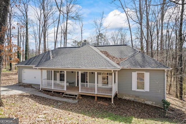 ranch-style house featuring covered porch, driveway, crawl space, roof with shingles, and a chimney