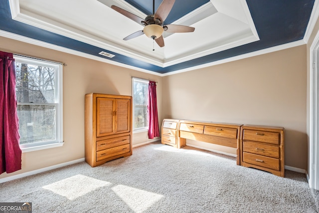 unfurnished bedroom with a tray ceiling, multiple windows, and visible vents