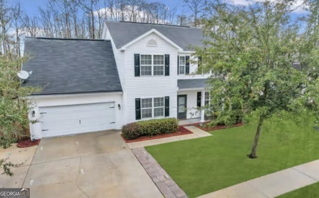 traditional-style house featuring a garage, driveway, and a front yard