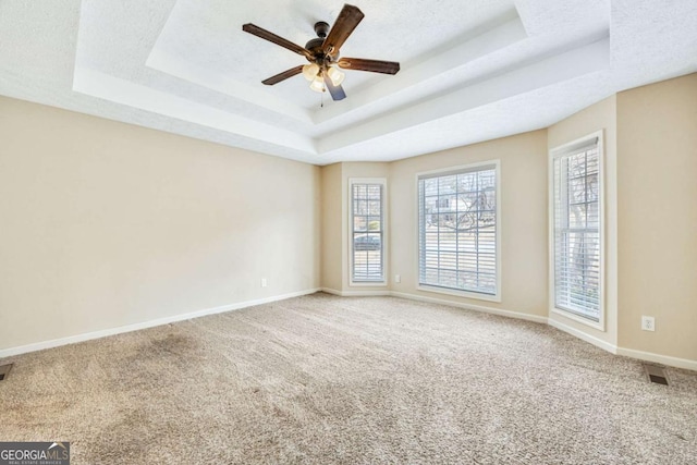 unfurnished room with carpet, baseboards, a tray ceiling, and a wealth of natural light