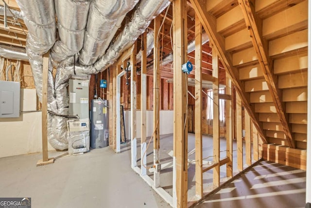 interior space featuring electric panel, electric water heater, and heating unit