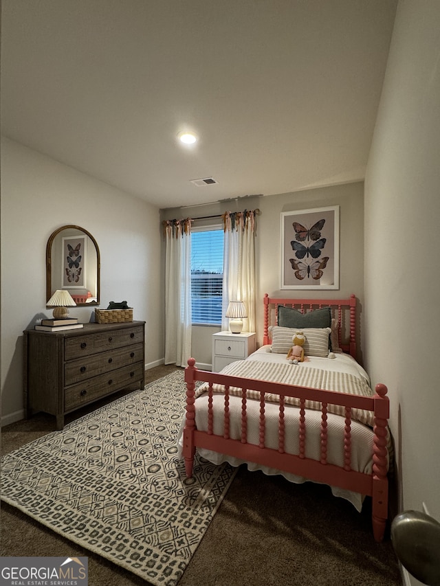 carpeted bedroom featuring recessed lighting, visible vents, and baseboards