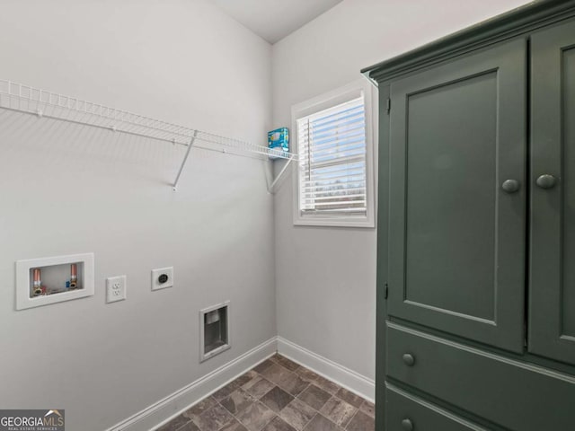 clothes washing area featuring washer hookup, laundry area, electric dryer hookup, and baseboards