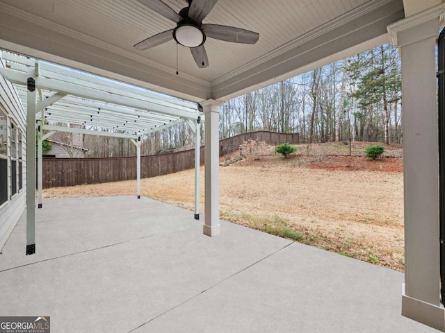 view of patio with a ceiling fan, a fenced backyard, and a pergola