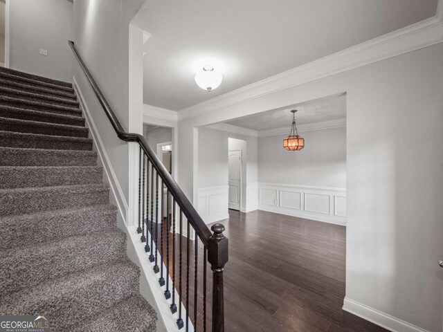 stairs with a wainscoted wall, ornamental molding, wood finished floors, and a decorative wall