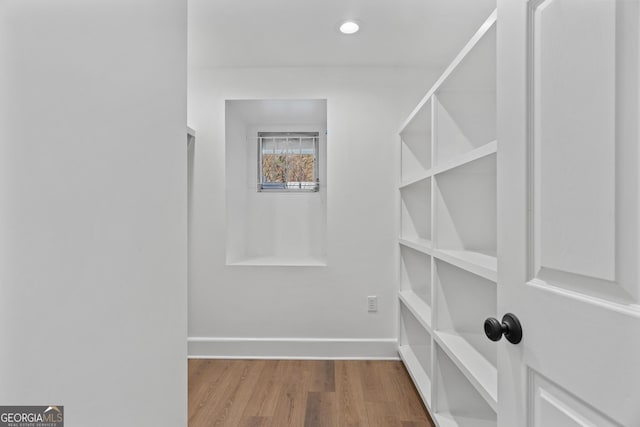 walk in closet with wood finished floors