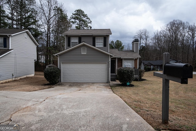 view of front of home featuring a front yard, brick siding, driveway, and an attached garage