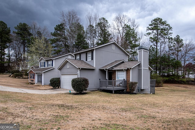 traditional-style home with an attached garage, brick siding, a shingled roof, driveway, and a front lawn