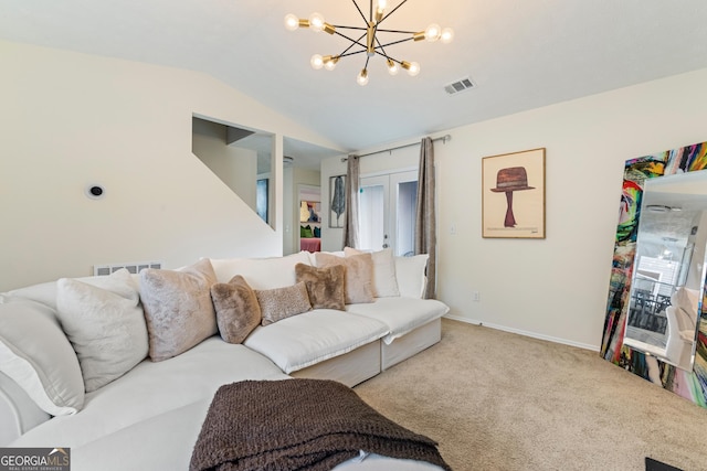 carpeted living room featuring french doors, a notable chandelier, lofted ceiling, visible vents, and baseboards