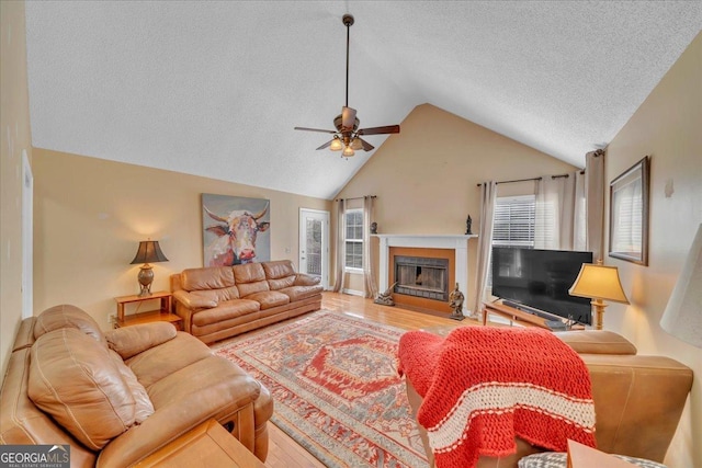 living room with vaulted ceiling, wood finished floors, and a healthy amount of sunlight