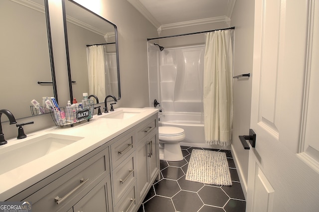 bathroom with crown molding, tile patterned flooring, a sink, and shower / tub combo