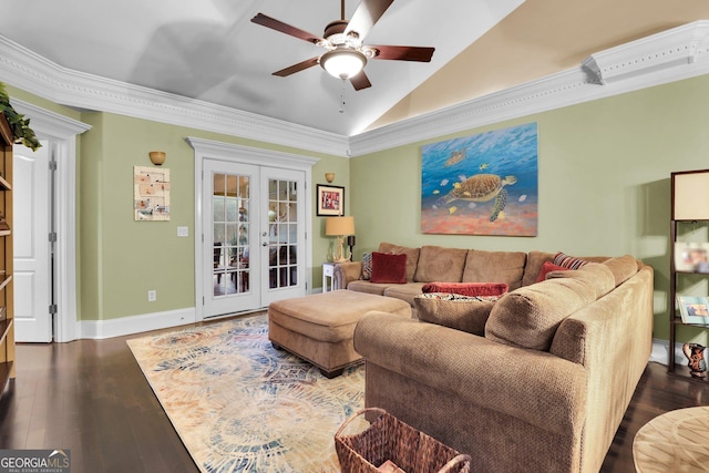 living area featuring vaulted ceiling, french doors, wood finished floors, and crown molding