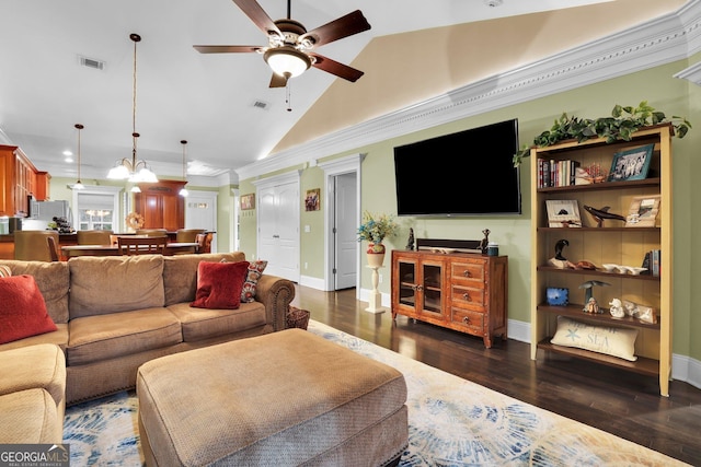 living area with ceiling fan with notable chandelier, high vaulted ceiling, dark wood-type flooring, and visible vents