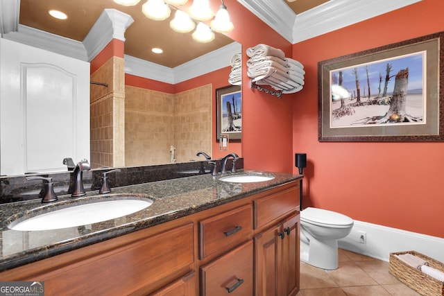 full bathroom featuring tile patterned flooring, a sink, toilet, and crown molding