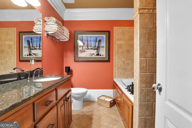 bathroom with toilet, tile patterned floors, crown molding, vanity, and a bath