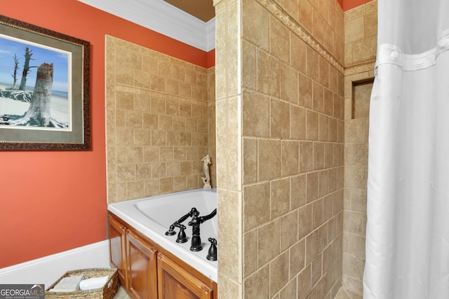 full bathroom with a bathtub, curtained shower, and crown molding