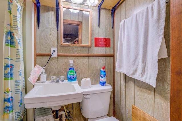 bathroom featuring wood walls, a sink, and toilet