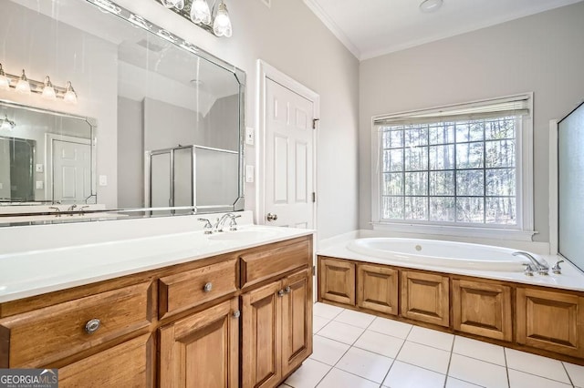 bathroom featuring tile patterned floors, a garden tub, crown molding, vanity, and a shower stall