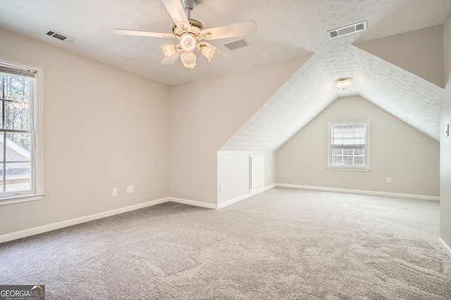 additional living space featuring a textured ceiling, carpet floors, visible vents, and baseboards