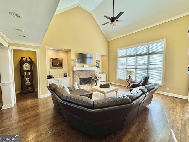 living area featuring high vaulted ceiling, a fireplace, wood finished floors, and baseboards