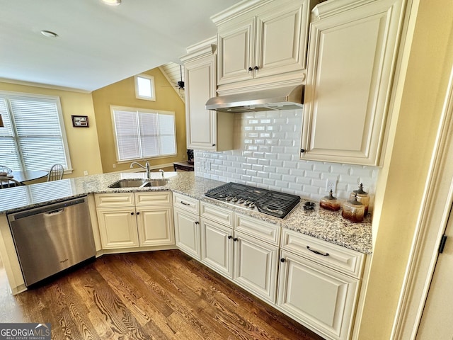 kitchen with range hood, dark wood-style flooring, decorative backsplash, appliances with stainless steel finishes, and a sink