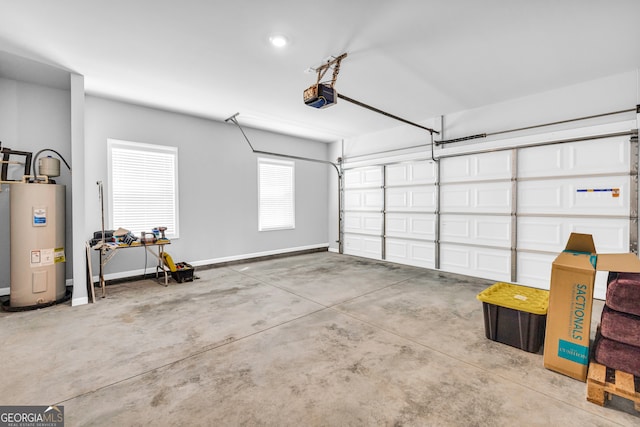 garage featuring a garage door opener, electric water heater, and baseboards