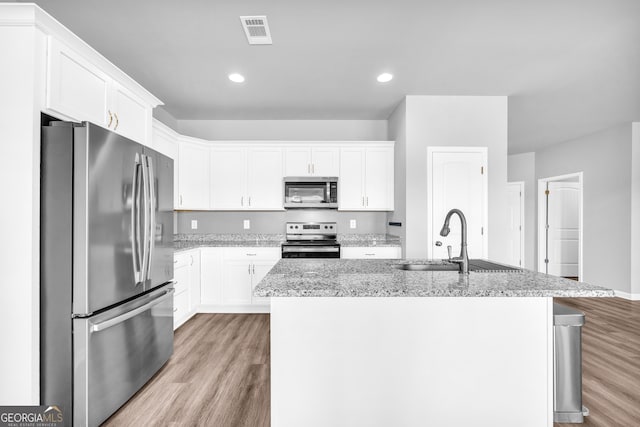 kitchen featuring a sink, visible vents, white cabinetry, appliances with stainless steel finishes, and light wood-type flooring