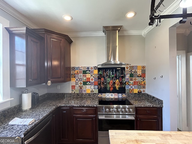 kitchen with dishwashing machine, range hood, stainless steel electric range, and crown molding