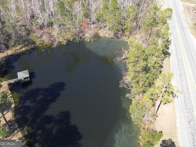 bird's eye view with a water view and a wooded view