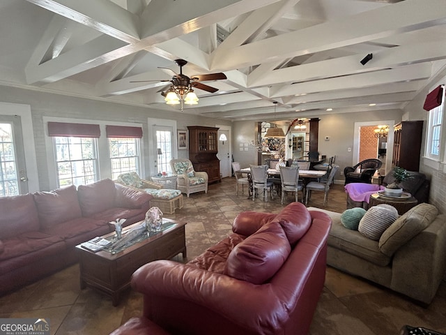 living room with lofted ceiling with beams and a ceiling fan