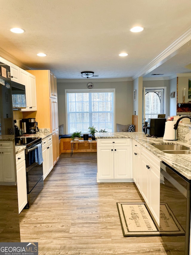 kitchen featuring a sink, light wood-style floors, black appliances, and a wealth of natural light