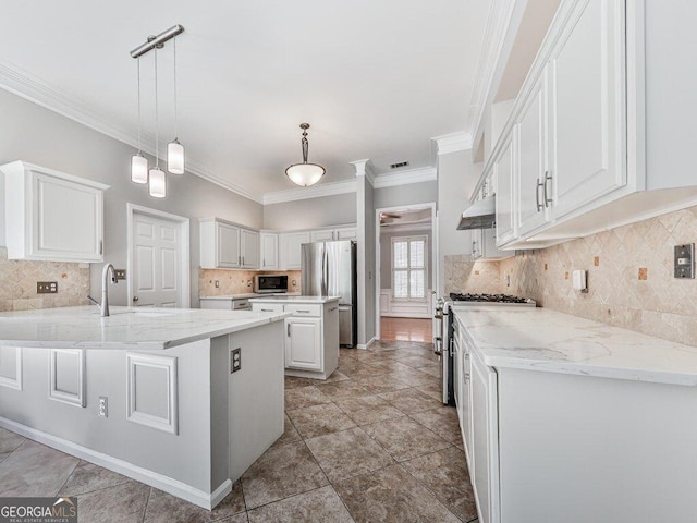 kitchen featuring white cabinetry, ornamental molding, stainless steel appliances, and backsplash