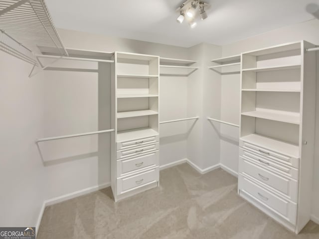 walk in closet with light colored carpet