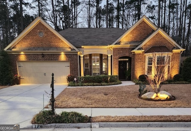 view of front of house featuring an attached garage, driveway, and brick siding