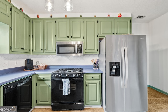 kitchen with visible vents, backsplash, black appliances, light countertops, and a textured ceiling