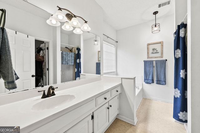 full bathroom with visible vents, a shower with shower curtain, baseboards, a bath, and vanity