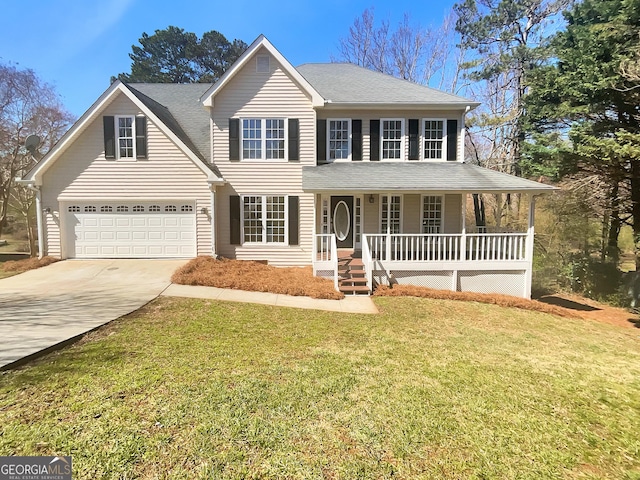 view of front of home with a porch, a shingled roof, driveway, and a front yard