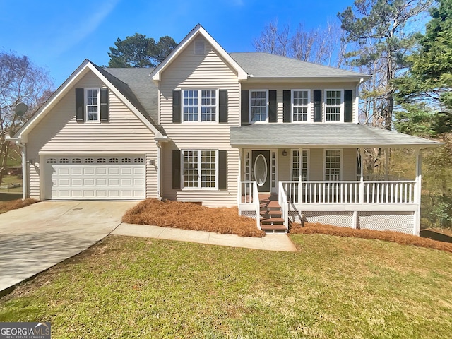 view of front of property with driveway, a porch, a shingled roof, a front lawn, and a garage