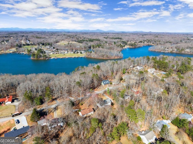 birds eye view of property with a water view and a wooded view