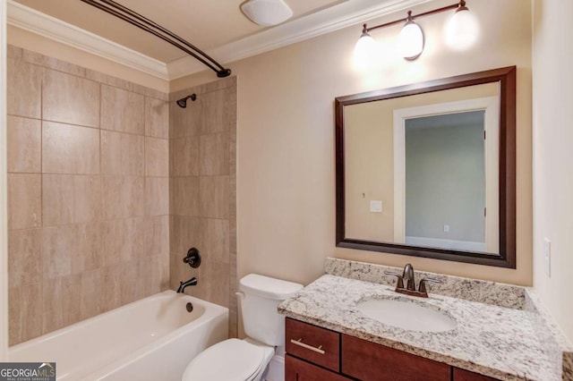 full bath with crown molding, shower / tub combination, vanity, and toilet