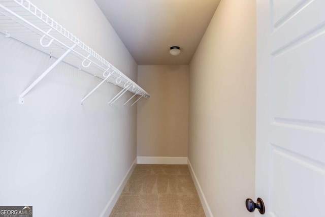 walk in closet featuring light colored carpet