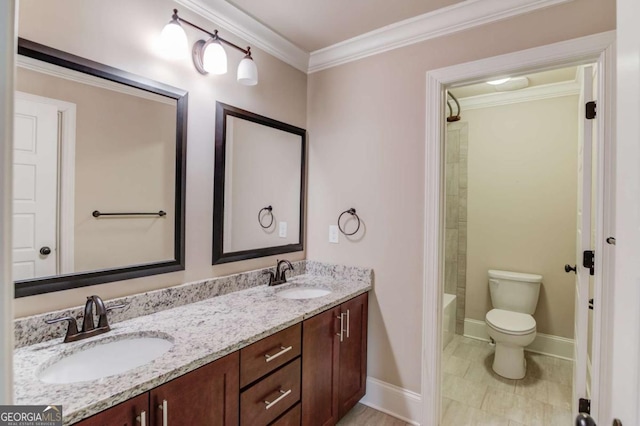 full bath featuring ornamental molding, a sink, and toilet