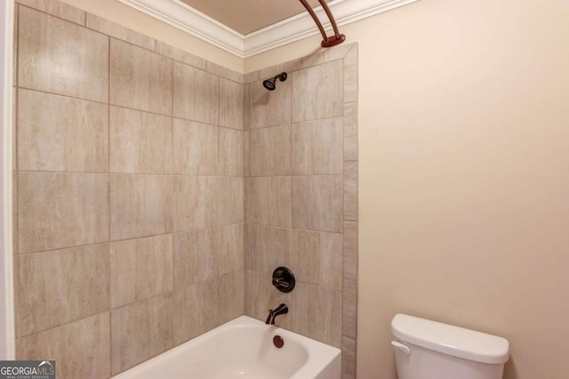 full bath with shower / bath combination, toilet, and crown molding