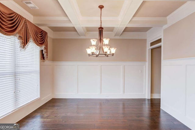 unfurnished dining area with dark wood-style floors, beamed ceiling, coffered ceiling, and a chandelier