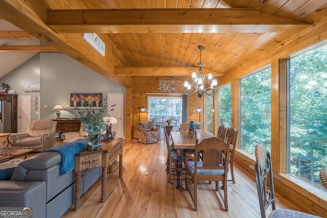 dining area featuring wooden ceiling, lofted ceiling with beams, light wood-type flooring, and an inviting chandelier