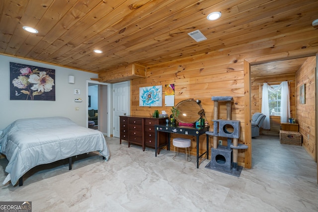 bedroom featuring recessed lighting, visible vents, marble finish floor, and wooden ceiling