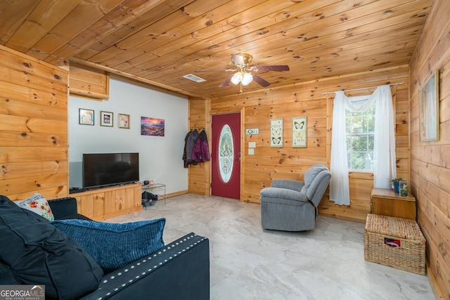 living room featuring wooden ceiling, visible vents, wood walls, and ceiling fan