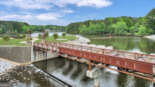 dock area with a yard and a water view