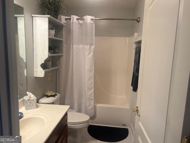 full bathroom with toilet, shower / tub combo with curtain, and vanity