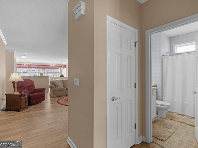 corridor featuring light wood-style floors, plenty of natural light, a textured ceiling, and baseboards